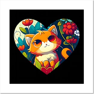 Cute Cat Heart In The Garden - Cat Flowers Posters and Art